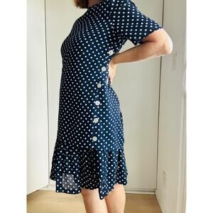 Vintage Navy/White Polka Dot Womens Dress Sheath 80s Retro Fun Whimsy USA Made